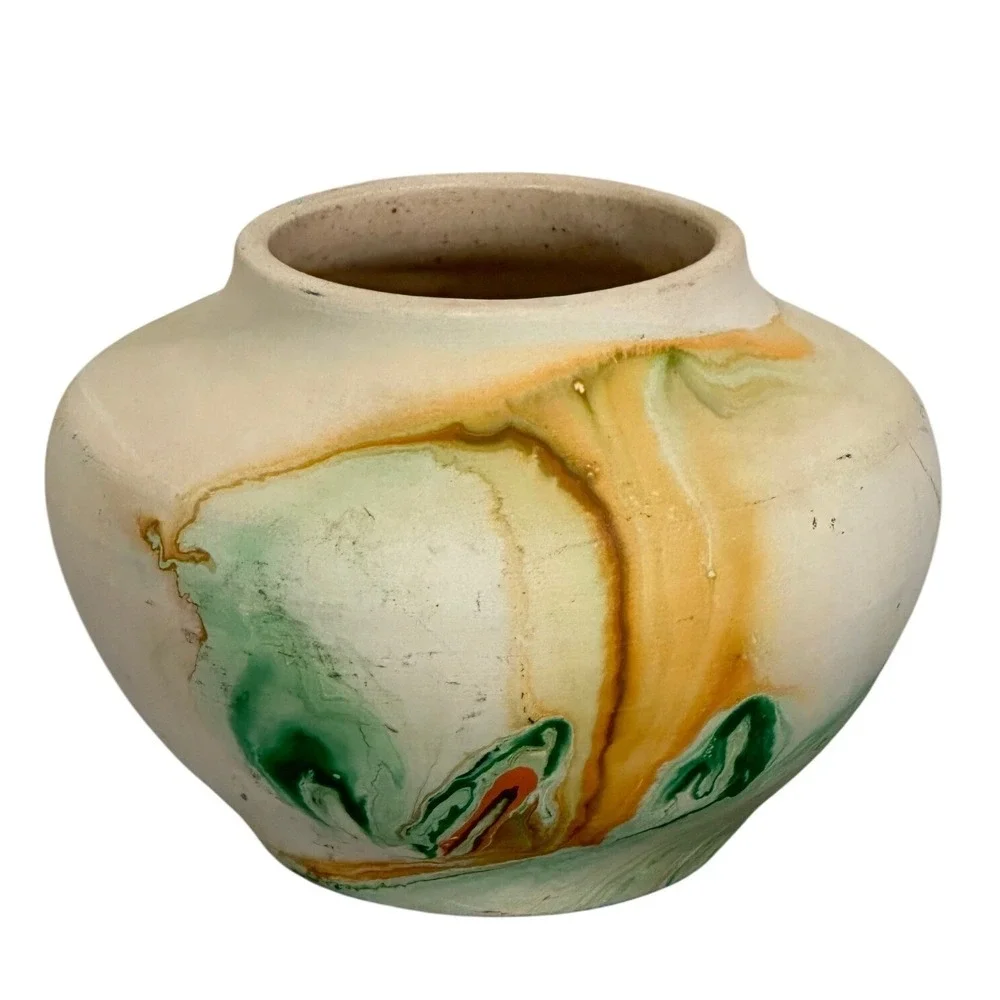 Vintage Nemadji USA Pottery Swirl Glaze Native‎ American Earth Tones Green Gold